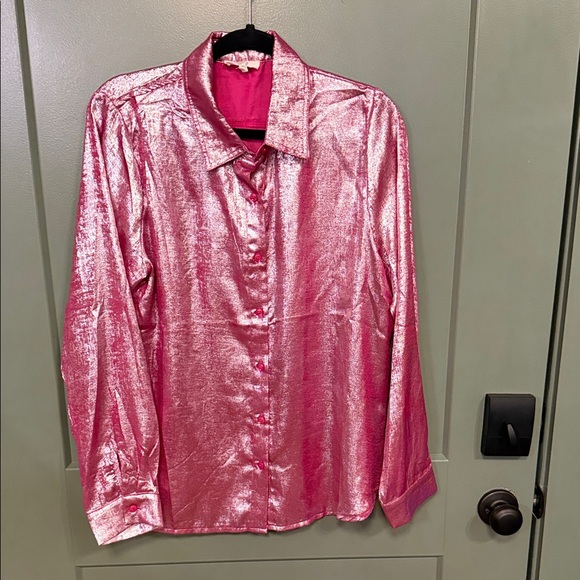 easel Tops - easel Metallic Hot Pink Button-Up Blouse